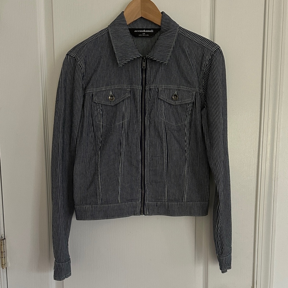 Norma Kamali Engineer Denim Striped Blue and White Zip Front Jacket Size Small